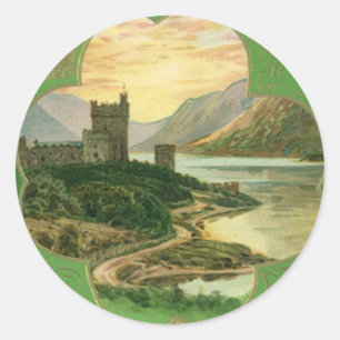Vintage St. Patrick's Day Groeten Shamrock Kasteel Ronde Sticker