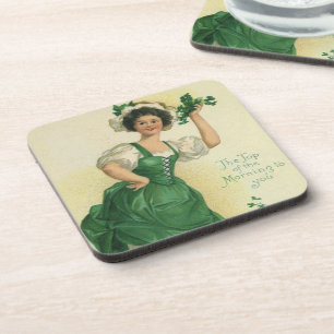 Vintage St. Patrick's Day Ierse dame met klavers Bier Onderzetter