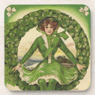 Vintage St. Patrick's Day, krans met Ierse meisje Drankjes Onderzetter