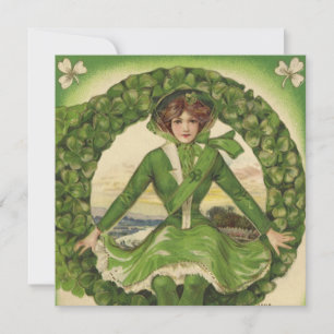 Vintage St. Patrick's Day, krans met Ierse meisje Kaart