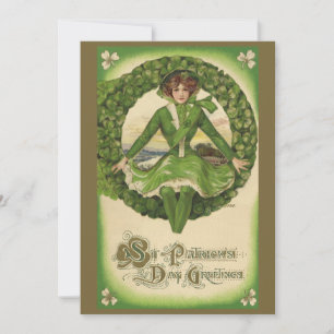 Vintage St. Patrick's Day, krans met Ierse meisje Kaart