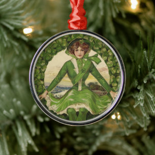 Vintage St. Patrick's Day, krans met Ierse meisje Metalen Ornament