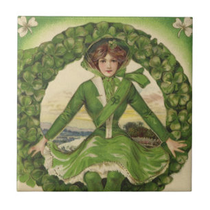 Vintage St. Patrick's Day, krans met Ierse meisje Tegeltje