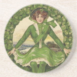 Vintage St. Patrick's Day, krans met Ierse meisje Zandsteen Onderzetter