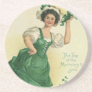 Vintage St. Patrick's Day-meisje, Lucky Shamrocks Zandsteen Onderzetter