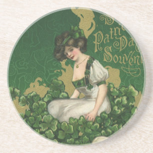 Vintage St. Patrick's Day-souvenir, Ierse meisje Zandsteen Onderzetter