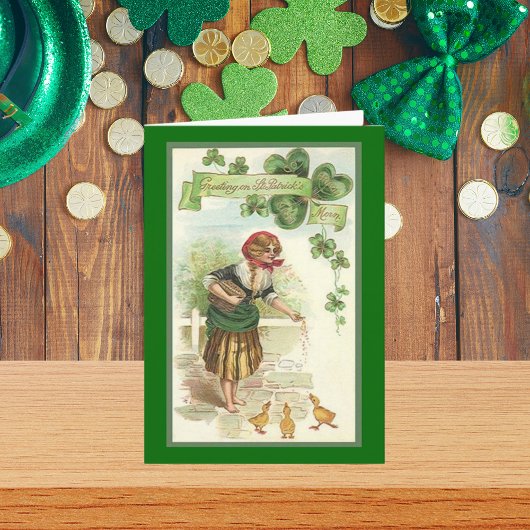 Vintage St. Patrick's Lady Feeding Baby Kickens Kaart
