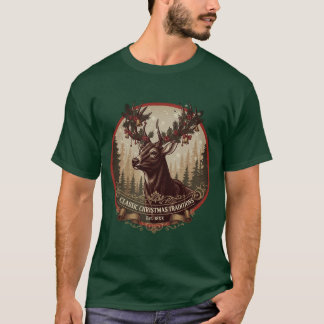 Vintage Stag Christmas T-Shirt Design with Holly 