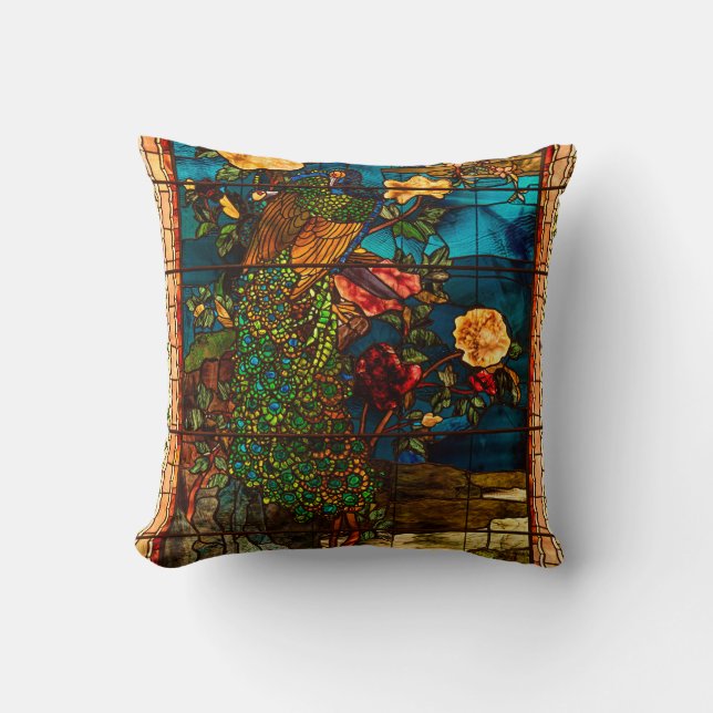 Vintage Stained Glass with Peacocks and Flowers Kussen (Voorkant)