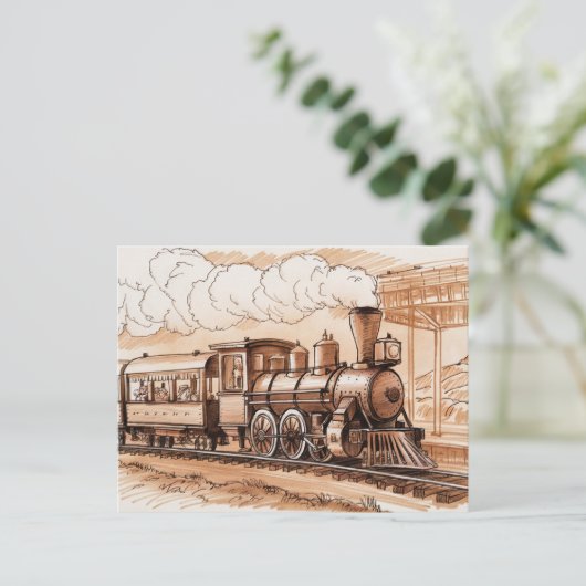 Vintage Steam Engine Train Sketch Briefkaart (Staand voorkant)