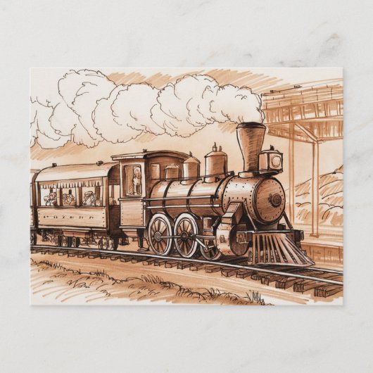 Vintage Steam Engine Train Sketch Briefkaart (Voorkant)