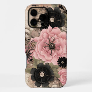 Vintage Steampunk Boho Roze & Zwarte Bloemen iPhone 16 Pro Max Hoesje