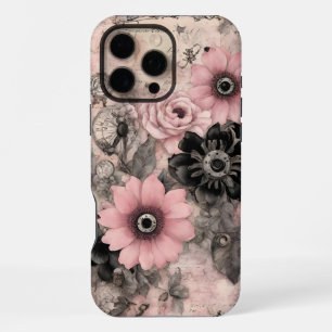 Vintage Steampunk Boho Roze & Zwarte Bloemen iPhone 16 Pro Max Hoesje