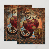Vintage Steampunk Hearts Gears Wedding Save Date Kaart (Voorkant / Achterkant)