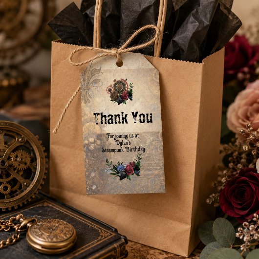 Vintage Steampunk Tandwielen & Rozen Bedankt Cadeaulabel