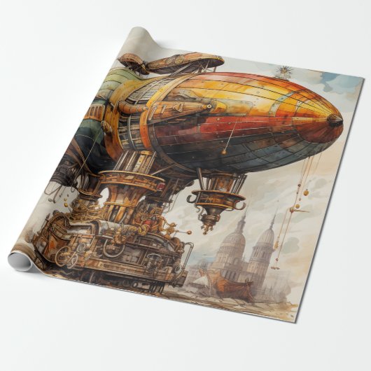 Vintage Steampunk Zeppelin Cadeaupapier (Uitgerold)
