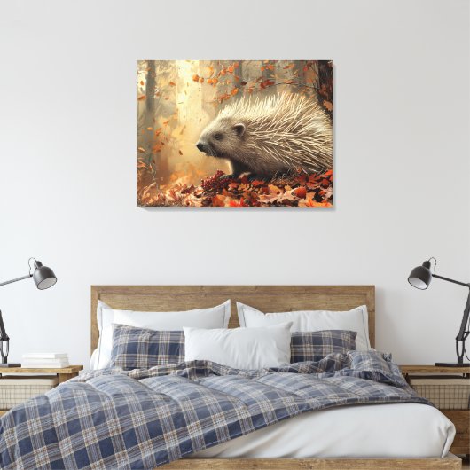 Vintage Stekelvarken in Herfstbladeren 32x24 Canvas Afdruk (Insitu (Slaapkamer))