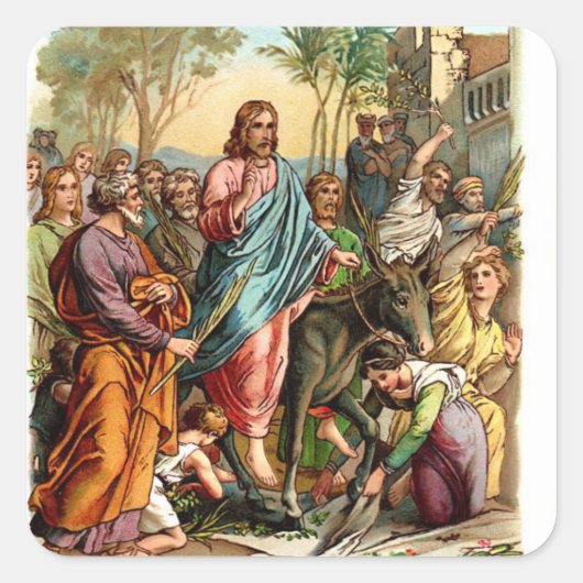 Vintage sticker-Jezus komt binnen in Jeruzalem Vierkante Sticker (Voorkant)