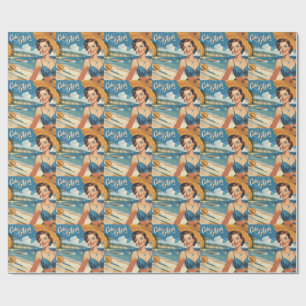 Vintage stijl Cote D'Azur strandmeisje Cadeaupapier