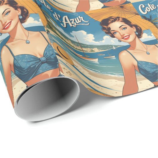 Vintage stijl Cote D'Azur strandmeisje Cadeaupapier (Rol Hoek)