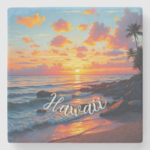 Vintage Stijl Hawaï Reizen Kust Zee Zonsondergang Stenen Onderzetter