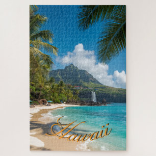 Vintage stijl Hawaiaanse blauwe zee palmen lucht r Legpuzzel