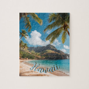 Vintage stijl Hawaiaanse blauwe zee palmen lucht r Legpuzzel