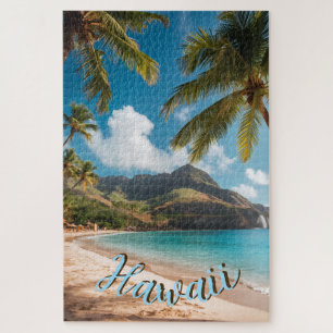 Vintage stijl Hawaiaanse blauwe zee palmen lucht r Legpuzzel