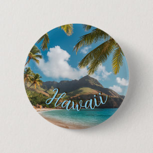 Vintage stijl Hawaiaanse blauwe zee palmen lucht r Ronde Button 5,7 Cm