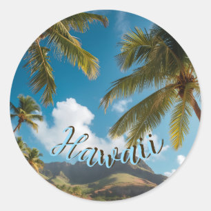 Vintage stijl Hawaiaanse blauwe zee palmen lucht r Ronde Sticker