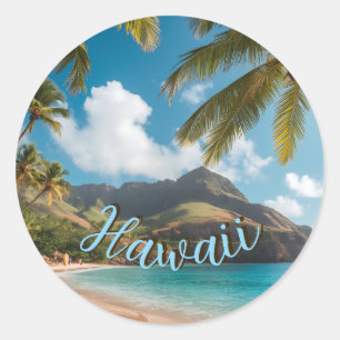 Vintage stijl Hawaiaanse blauwe zee palmen lucht r Ronde Sticker