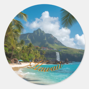 Vintage stijl Hawaiaanse blauwe zee palmen lucht r Ronde Sticker