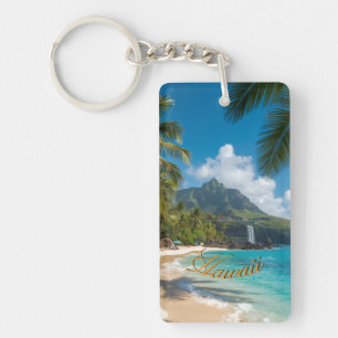 Vintage stijl Hawaiaanse blauwe zee palmen lucht r Sleutelhanger