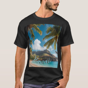 Vintage stijl Hawaiaanse blauwe zee palmen lucht r T-shirt
