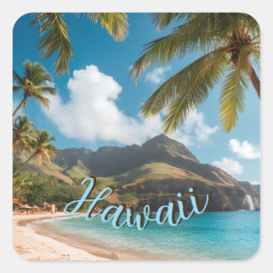 Vintage stijl Hawaiaanse blauwe zee palmen lucht r Vierkante Sticker