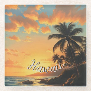 Vintage stijl Hawaiaanse reis kust zee zonsonderga Glazen Onderzetter