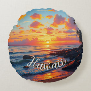 Vintage stijl Hawaiaanse reis kust zee zonsonderga Rond Kussen
