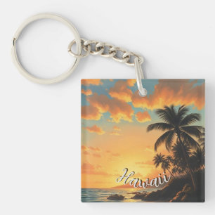 Vintage stijl Hawaiaanse reis kust zee zonsonderga Sleutelhanger
