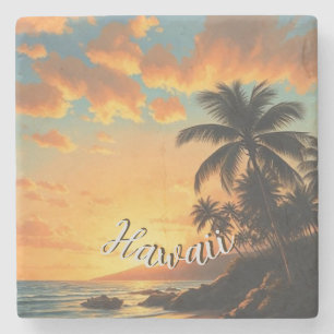 Vintage stijl Hawaiaanse reis kust zee zonsonderga Stenen Onderzetter