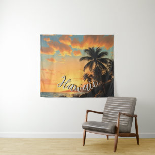 Vintage stijl Hawaiaanse reis kust zee zonsonderga Wandkleed