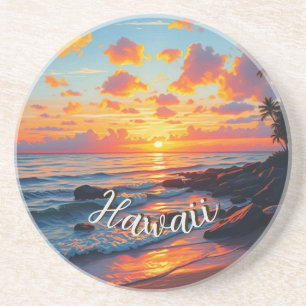 Vintage stijl Hawaiaanse reis kust zee zonsonderga Zandsteen Onderzetter
