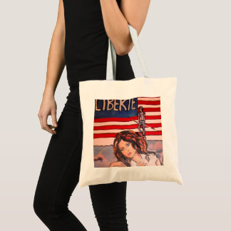 Vintage Stijl Liberté Portret met Amerikaanse Vlag Tote Bag
