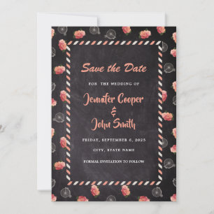 Vintage stijl luchtpost fiets roze krijtbord reize save the date