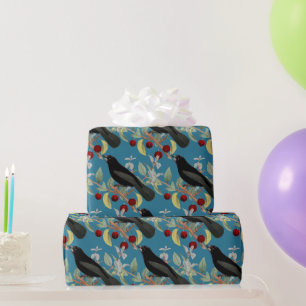 Vintage stijl merel op blauwe ambacht of cadeaupapier
