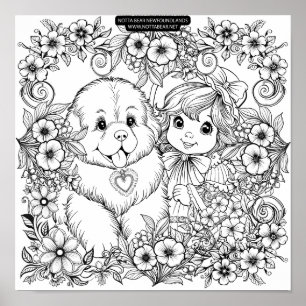 Vintage Stijl Puppies en Bloemranken Poster