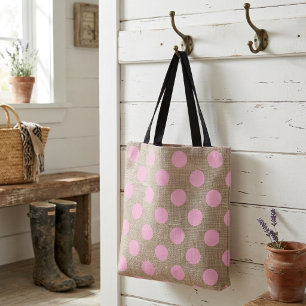 Vintage stijl roze stippen op jute tote bag