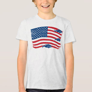 Vintage Stijl Vissen Amerikaanse Vlag Rood Blauw Tri-Blend Shirt