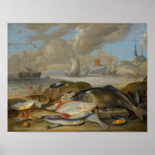Vintage Still Life of Fish in a Harbor Landscape Poster