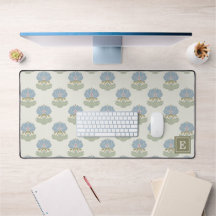Vintage Stof Blauw Salie Groen Bloemmotief Monogra