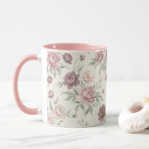 Vintage Stof Roze & Mauve Bloem Motief Koffiemok Mok